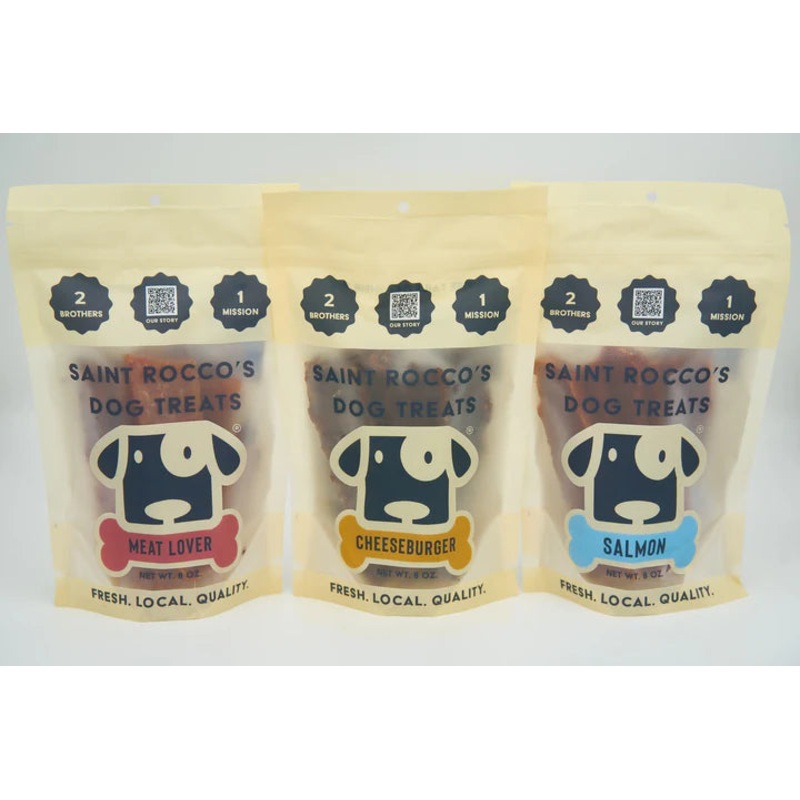saint roccos treats 8oz|salmon|meat lovers|cheeseburger
