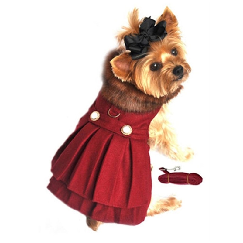 Designer Wool Fur Trimmed Dog Harness Burgundy Coat