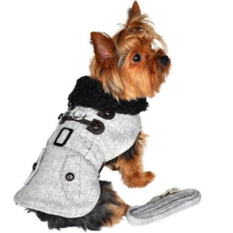 Grey Herringbone Dog Coat and Leash
