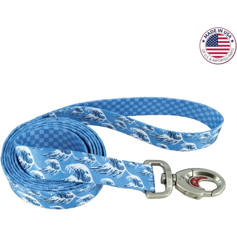 Coastal Sublime Adjustable Dog 6ft Leash- Blue Waves with Blue Checkers