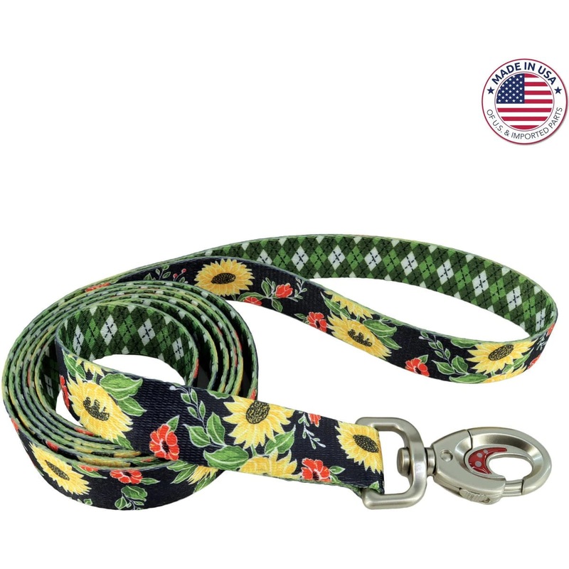 Coastal Sublime Adjustable Dog 6ft Leash – Sunflower with Green Argyle