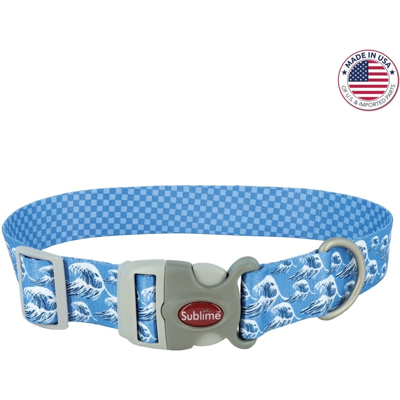 Coastal Sublime Adjustable Dog Collar – Blue Waves with Blue Checkers