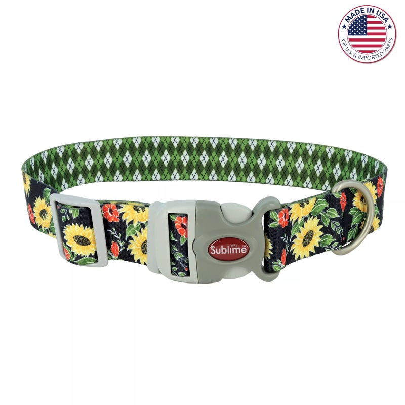 Coastal Sublime Adjustable Dog Collar – Sunflower with Green Argyle