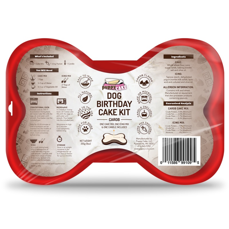 Puppy Cake Dog Birthday Cake Kit- Carob Cake Mix, Icing Mix, and One Candle