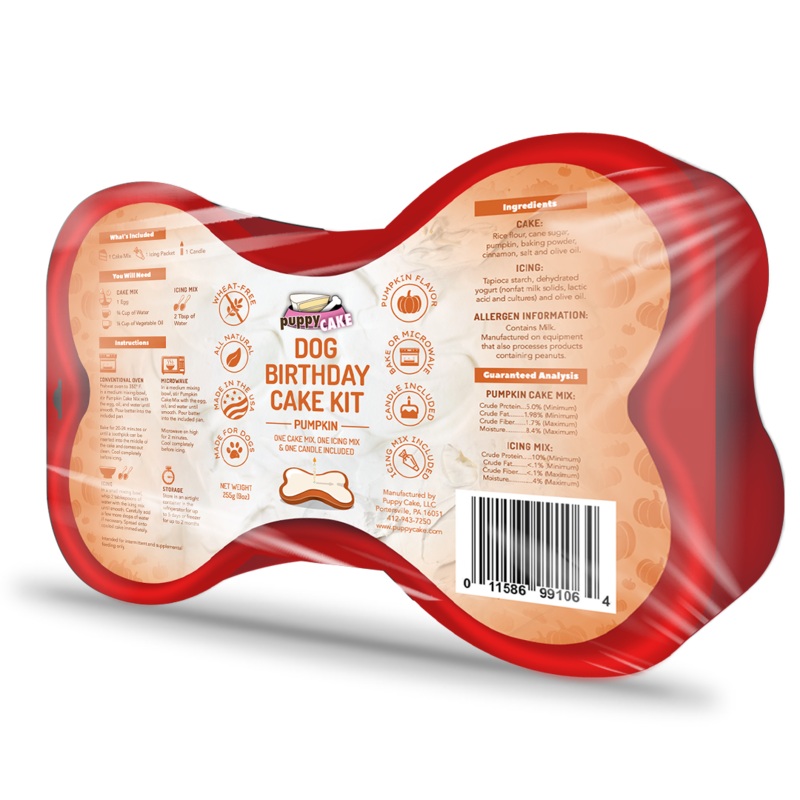 Puppy Cake Dog Birthday Cake Kit- Pumpkin Cake Mix, Icing Mix, and One Candle