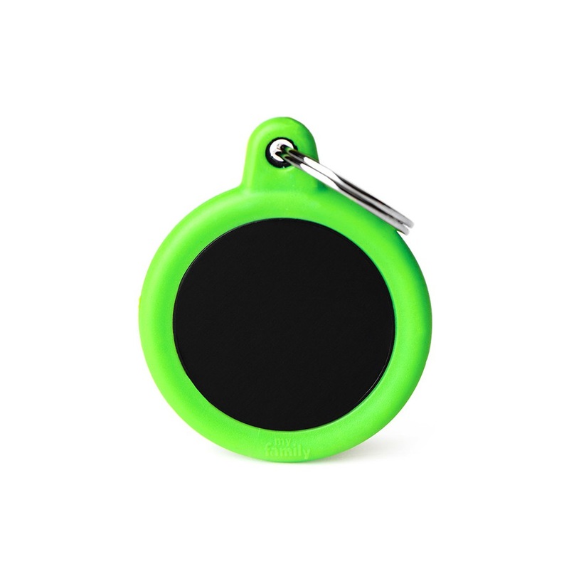 Hushtag Collection Aluminum Black Circle With Green Rubber ID Tag