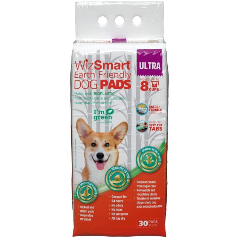 WizSmart Earth Friendly Dog Pads and Puppy Potty Training Pads, Quick Drying, Absorbent, and Odor Free with Stay-Put Tabs