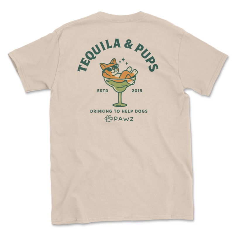 Tequila & Pups – (Sand) (Adult Short Sleeve T-Shirt)