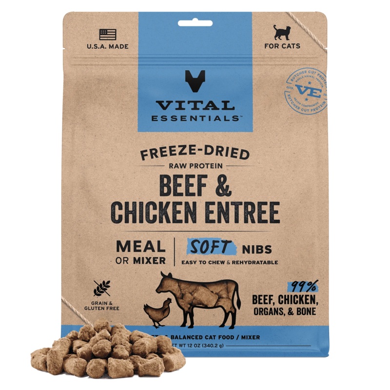 Vital Essentials Freeze-Dried Raw Protein Beef & Chicken Soft Nibs Meal or Mixer Cat Food