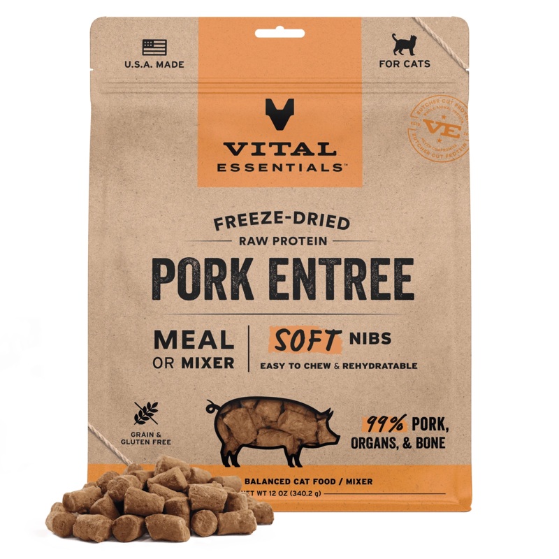 Vital Essentials Freeze-Dried Raw Protein Pork Soft Nibs Meal or Mixer Cat Food