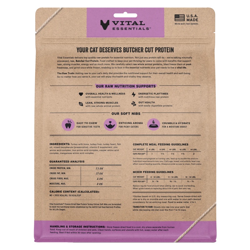 Vital Essentials Freeze-Dried Raw Protein Turkey Soft Nibs Meal or Mixer Cat Food