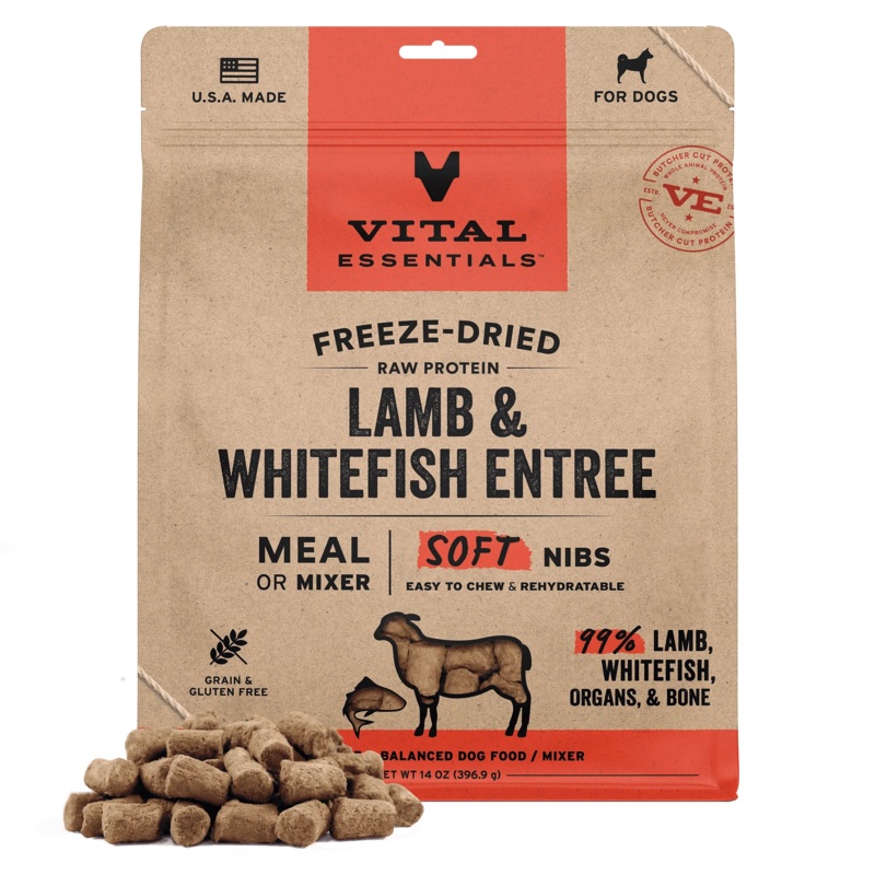 Vital Essentials Freeze-Dried Raw Protein Lamb & Whitefish Soft Nibs Meal or Mixer Dog Food