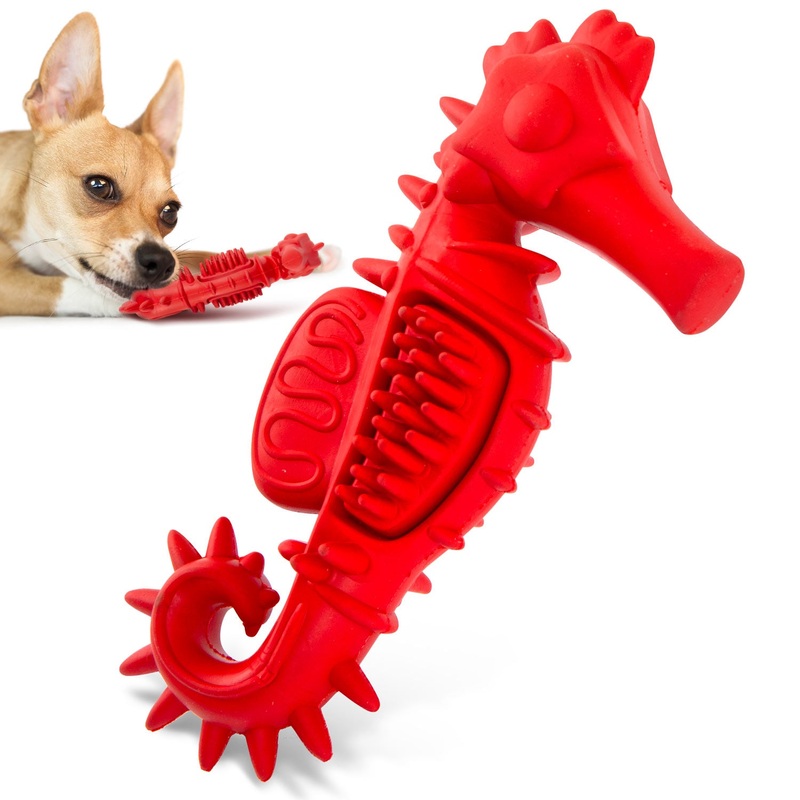Natural Rubber Red Seahorse Dog Dental Chew Toy for Healthy Chewing Habits