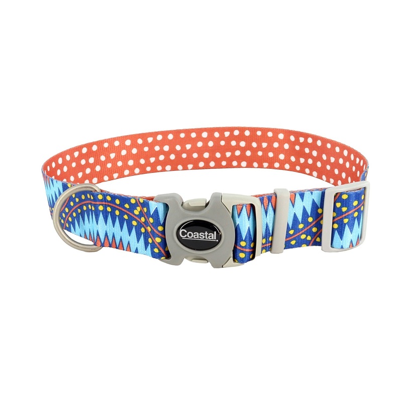 Sublime Adjustable Dog Collar|Blue Diamond Dots|Blue Waves with Blue Checkers|Flower Teal Stripe|Green Yellow and Navy Chevrons|Purple Orange Cubes|Pink and Orange Flowers on Navy|Red Blue Graffiti with Red Stars|Sunset Palms with Black Grid|Aztec Yellow