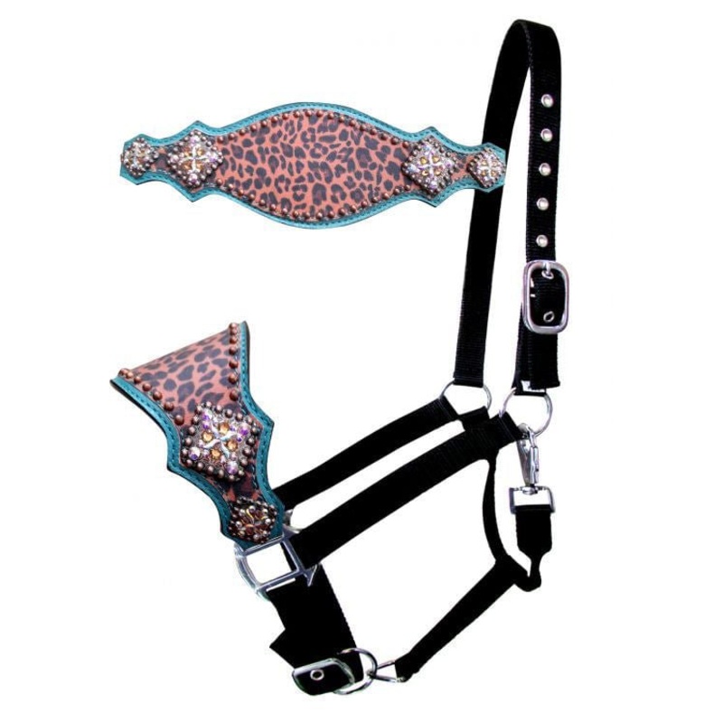 Showman Cheetah Bronc Halter, Cheetah/Teal
