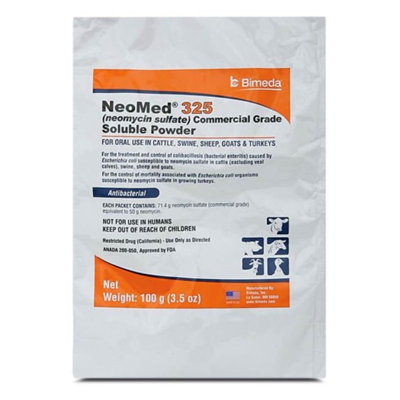 Rx Neomed 325 (neomycin sulfate commercial grade) Soluble Powder for Livestock, 100gm Bag