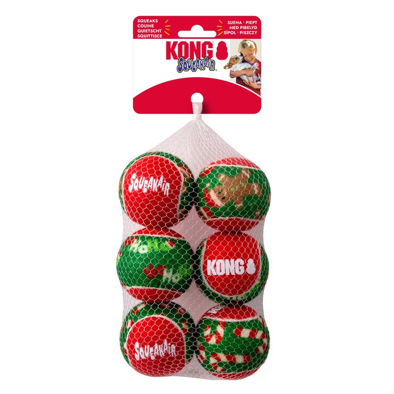 KONG Holiday SqueakAir Balls, 6 Pack  Festive Dog Tennis Balls for Fetch & Interactive Play, Gentle on Teeth