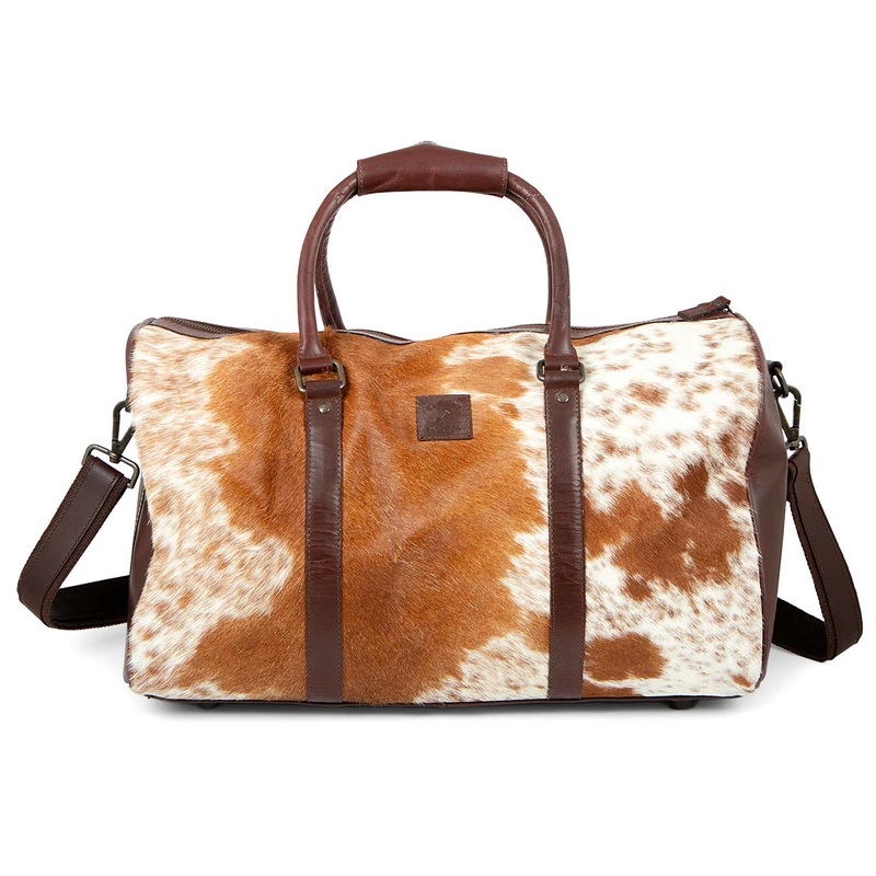 Cowhide Overnight Duffel Bag|Brown/White|Black/White