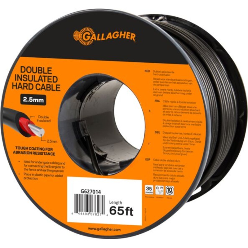 Double Insulated Hard Cable, 12.5 Gauge, 65 ft  Heavy Duty Low Resistance Cable for Under-Gate and Lead-Out Electric Fence Connections