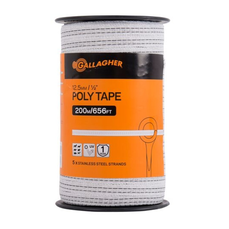 Gallagher 1/2 Poly Tape, 656 ft  Lightweight Electric Fence Tape, Five Conductive Strands, Lightweight and UV-Resistant, Ideal for Horses and Livestock on Short Fence Lines