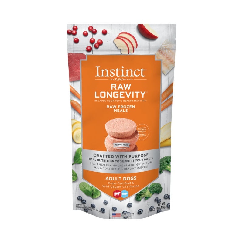 Instinct Longevity Frozen Patties Grass-Fed Beef & Wild-Caught Cod Recipe For Adult Dogs