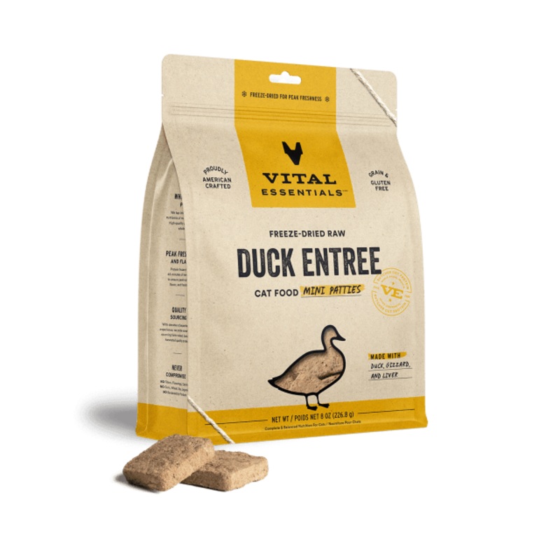 Vital Essentials Freeze Dried Grain Free Duck Mini Patties Limited Ingredient Entree for Cats