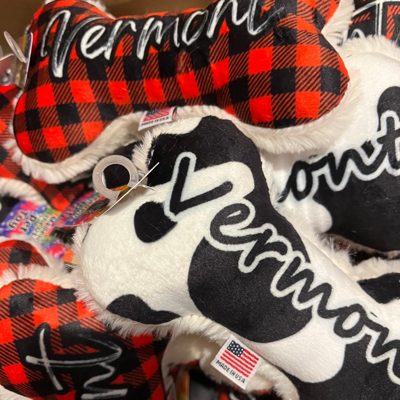 Vermont Dog Bone Plush Toy|6″ Holstein|6″ Buffalo Plaid|6″ Tie Dye|10″ Buffalo Plaid|10″ Tie Dye|10″ Holstein