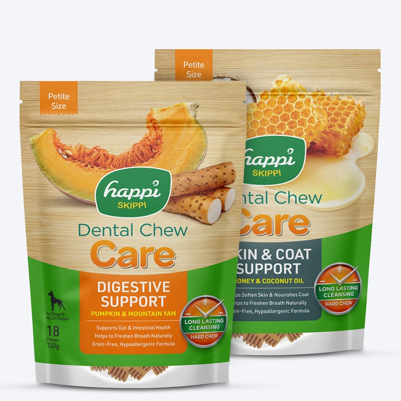 Happi Skippi Petite Dental Chews: Skin, Coat & Digestive Care Treat Combo For Dog- 2.5 inch – (2 x 150g)