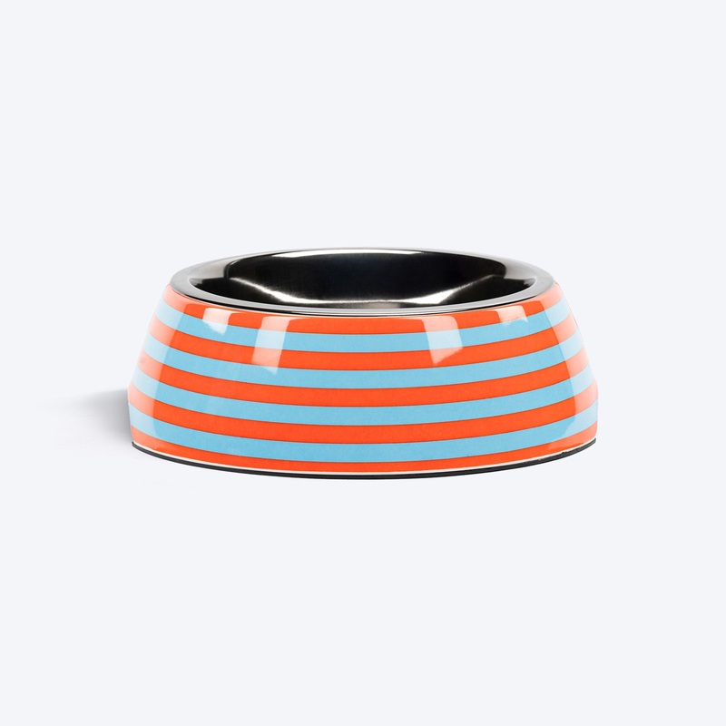 HUFT Happy Stripes Printed Melamine Bowl With Steel Insert For Dog – Blue & Orange