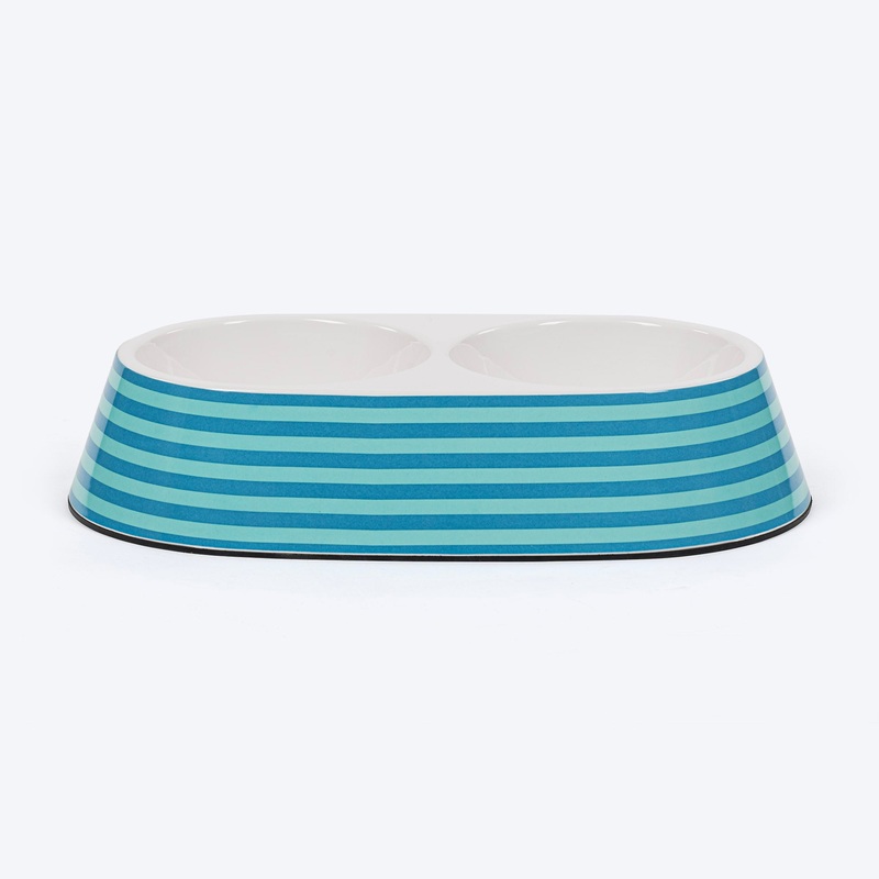 HUFT Happy Stripes Printed Melamine Double Diner For Dog – Blue & Turquoise