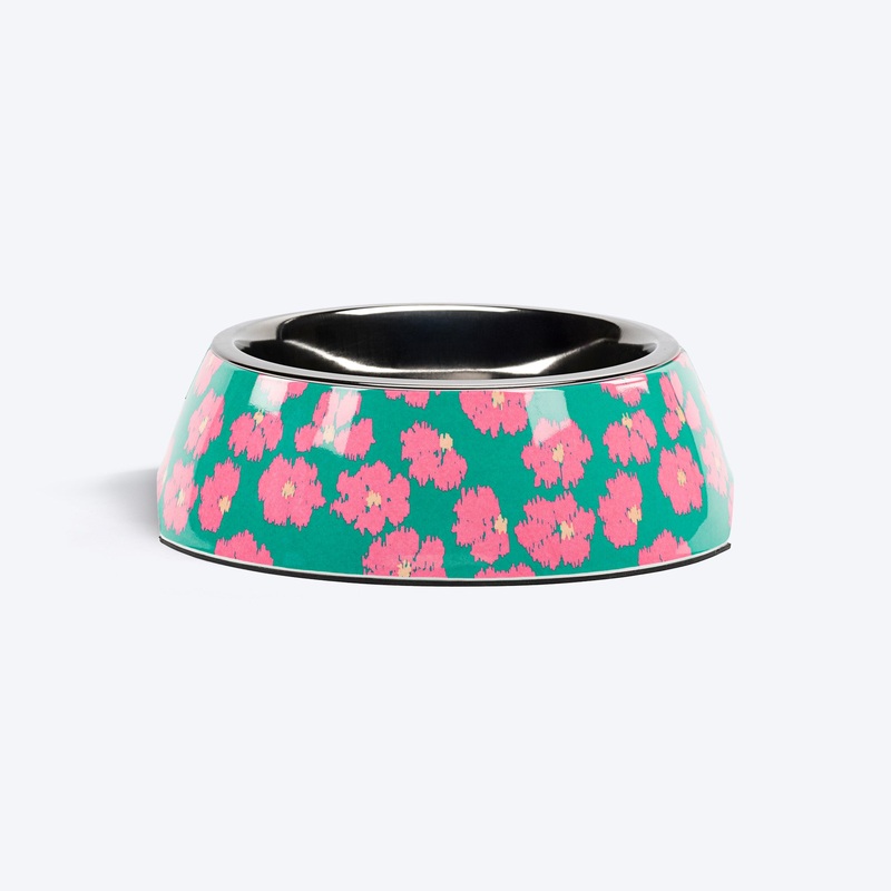 HUFT Pawsome Blossom Printed Melamine Bowl With Steel Insert For Dog – Green & Pink