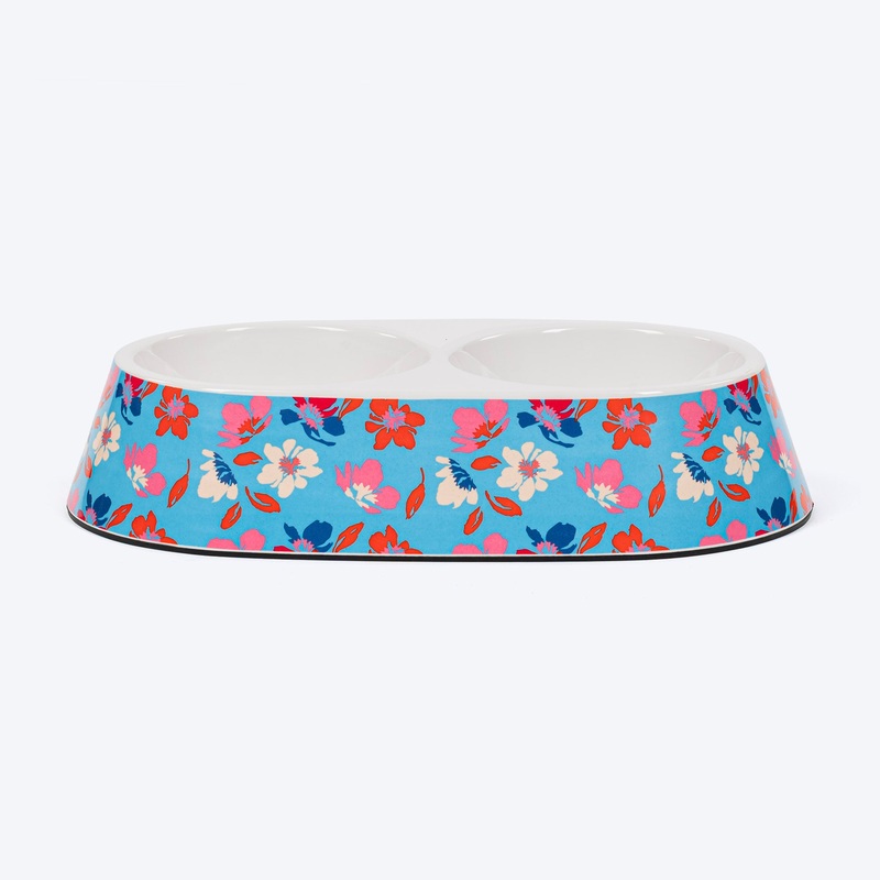 HUFT Summer Bloom Printed Melamine Double Diner For Dog – Blue