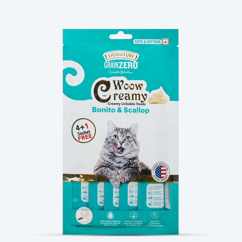 Signature Grain Zero Woow Creamy Bonito & Scallop Lickable Treats For Cat & Kitten – 75 g