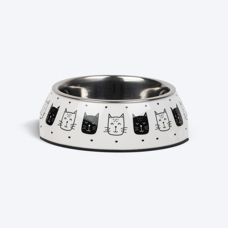 HUFT Kitty Trails Printed Melamine Bowl With Steel Inserts For Cat – White