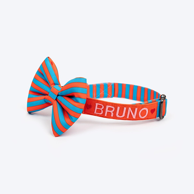 HUFT Personalised Happy Stripes Collar With Bow Tie For Dog – Blue & Orange