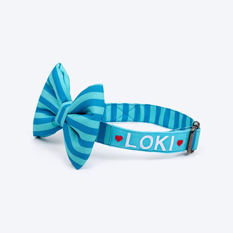 HUFT Personalised Happy Stripes Collar With Bow Tie For Dog – Blue & Turquoise