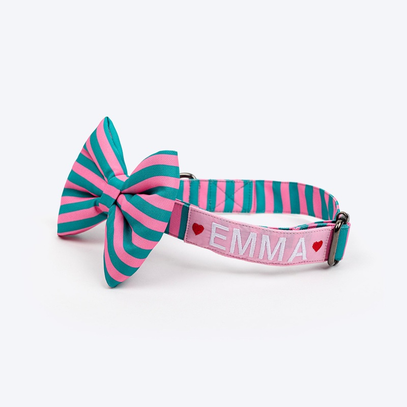 HUFT Personalised Happy Stripes Collar With Bow Tie For Dog – Green & Pink