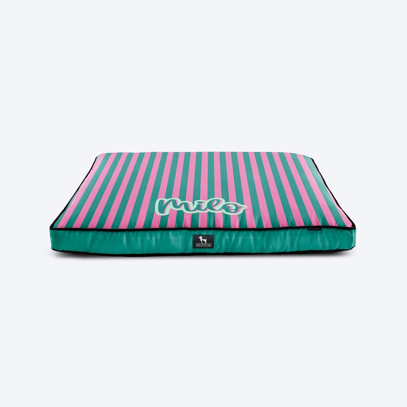 HUFT Personalised Happy Stripes Flat Bed For Dog – Green & Pink