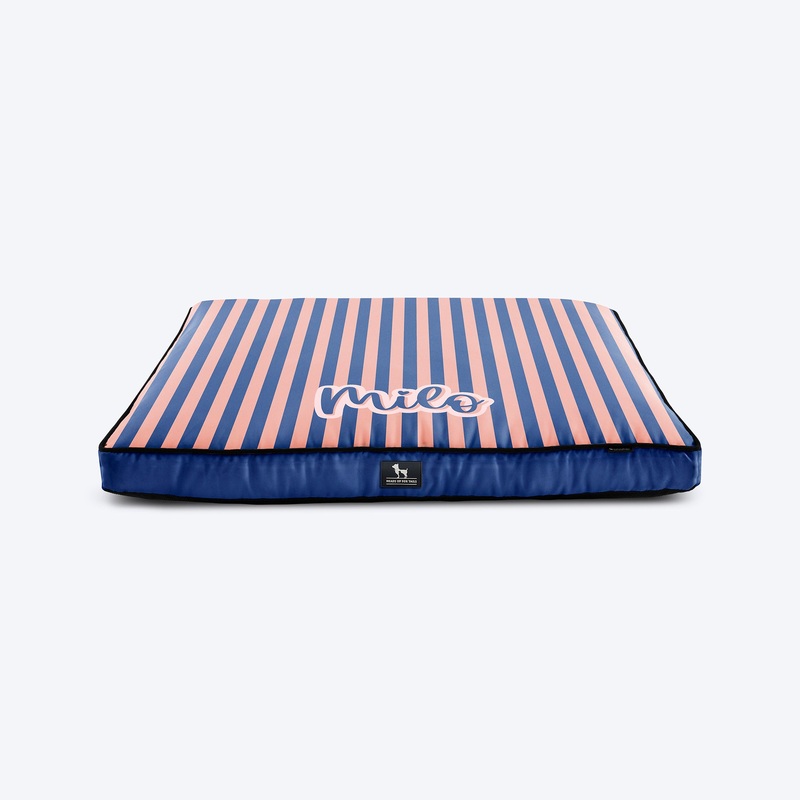 HUFT Personalised Happy Stripes Flat Bed For Dog – Navy & Peach