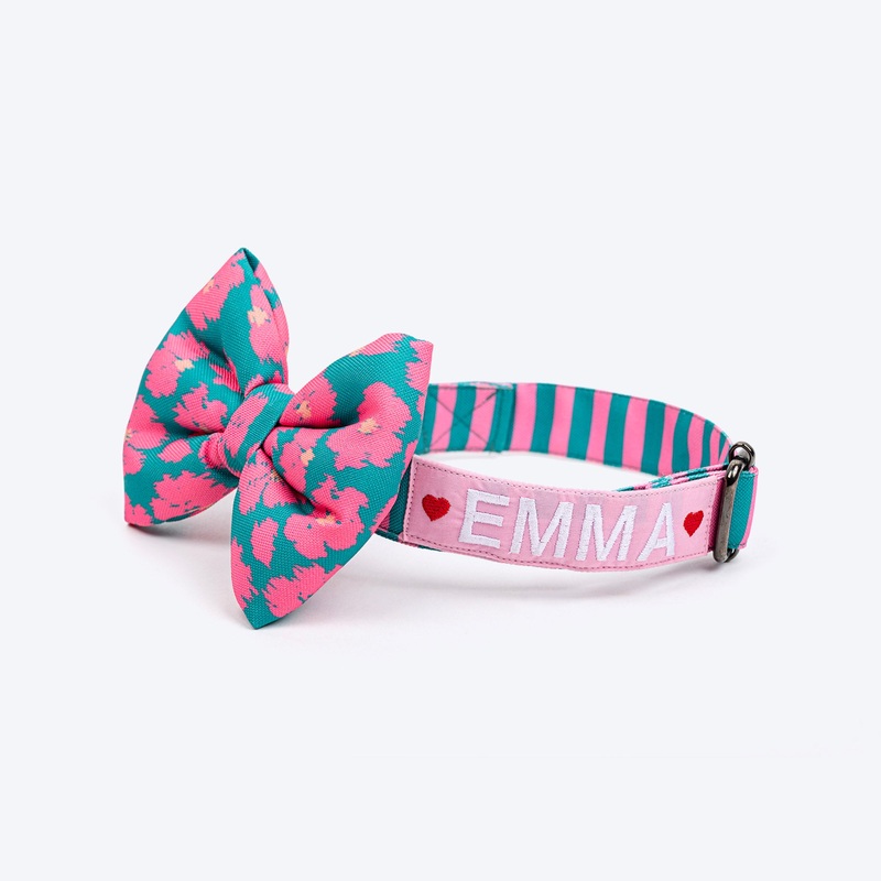 HUFT Personalised Pawsome Blossom Collar With Bow Tie For Dogs – Green & Pink