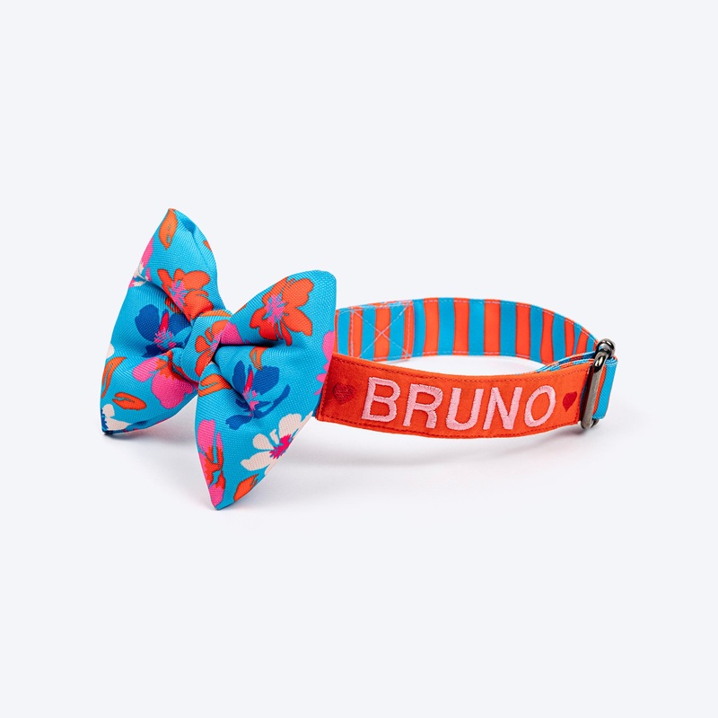 HUFT Personalised Summer Bloom Collar With Bow Tie For Dog – Blue