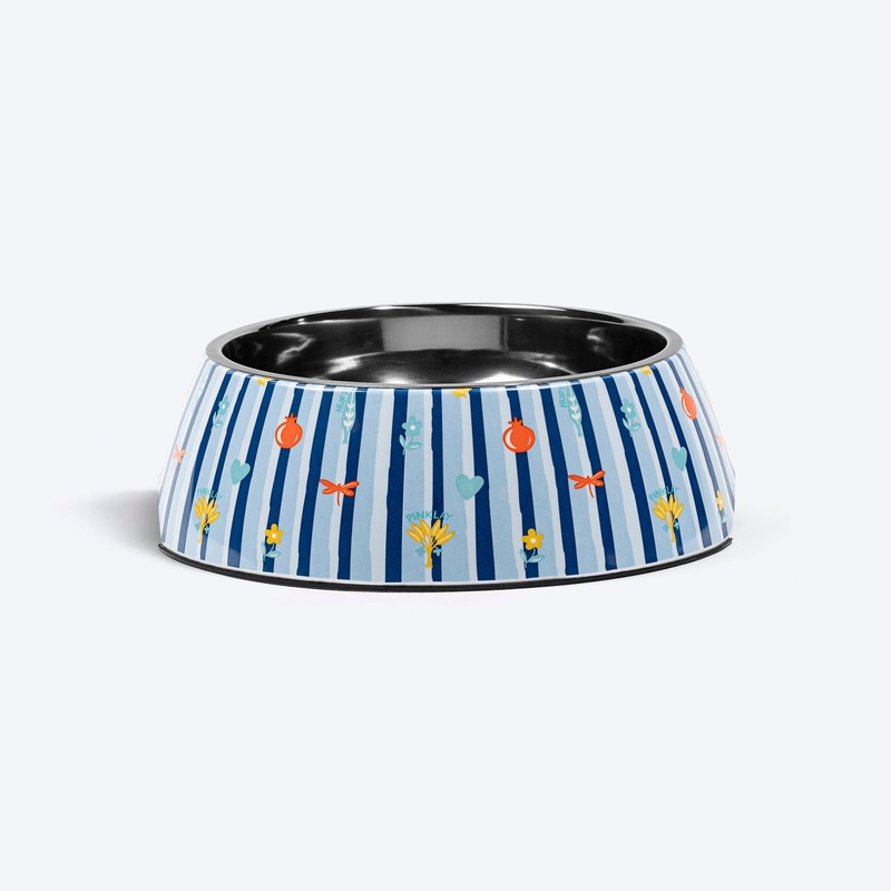 HUFT X Pinklay Strut In Stripes Printed Melamine Bowl With Steel Insert For Dog – Blue