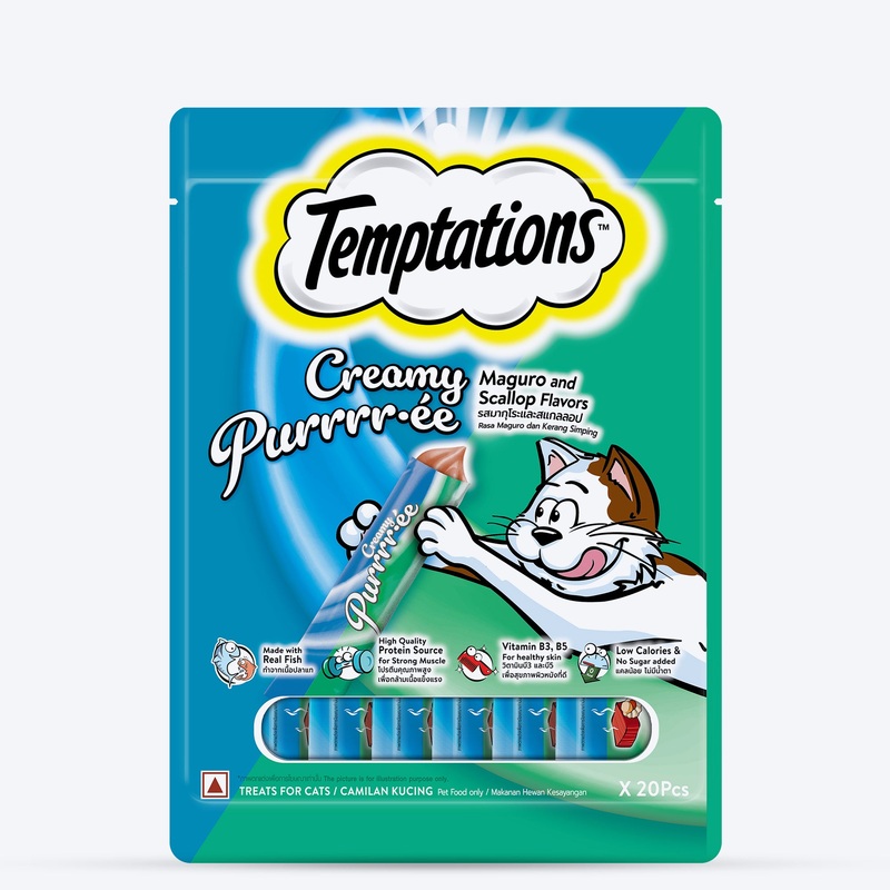 Temptations Creamy Purrrr-ee Maguro & Scallop Flavors Cat Treats – 240 gm (20 x 12gm)
