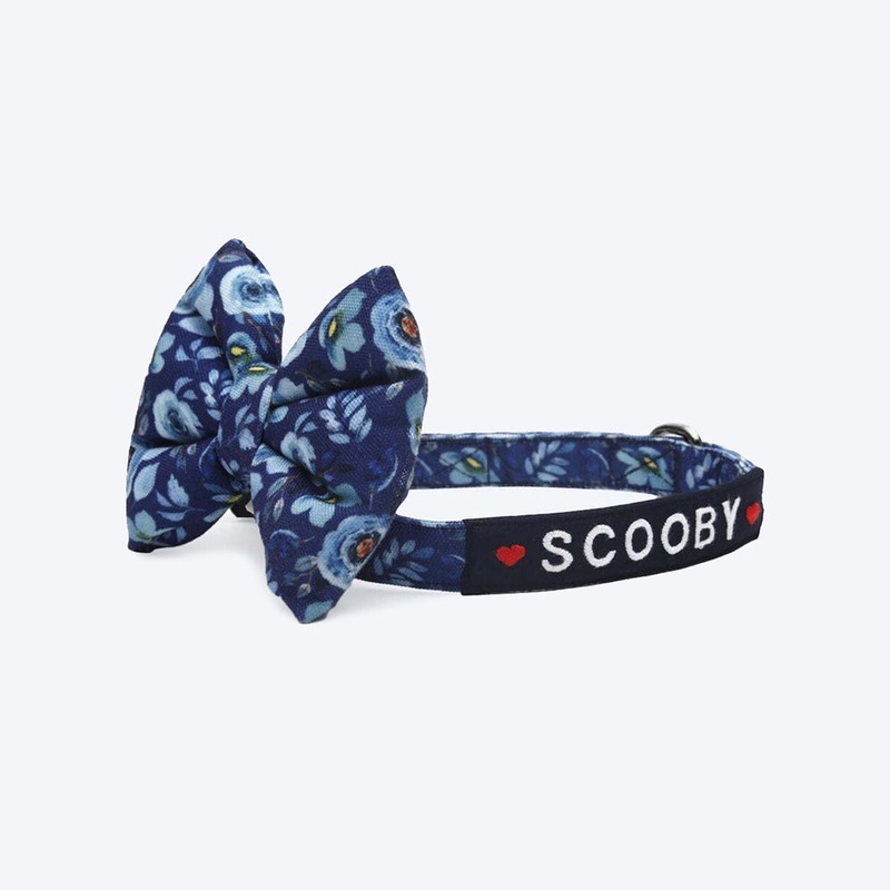 HUFT Personalised Marine Blue Fabric Collar With Bow Tie For Dog