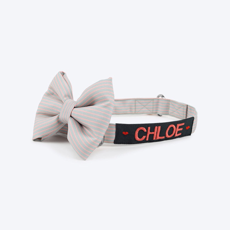 HUFT Personalised Poppy Pink Stripe Fabric Collar With Bow Tie For Dog
