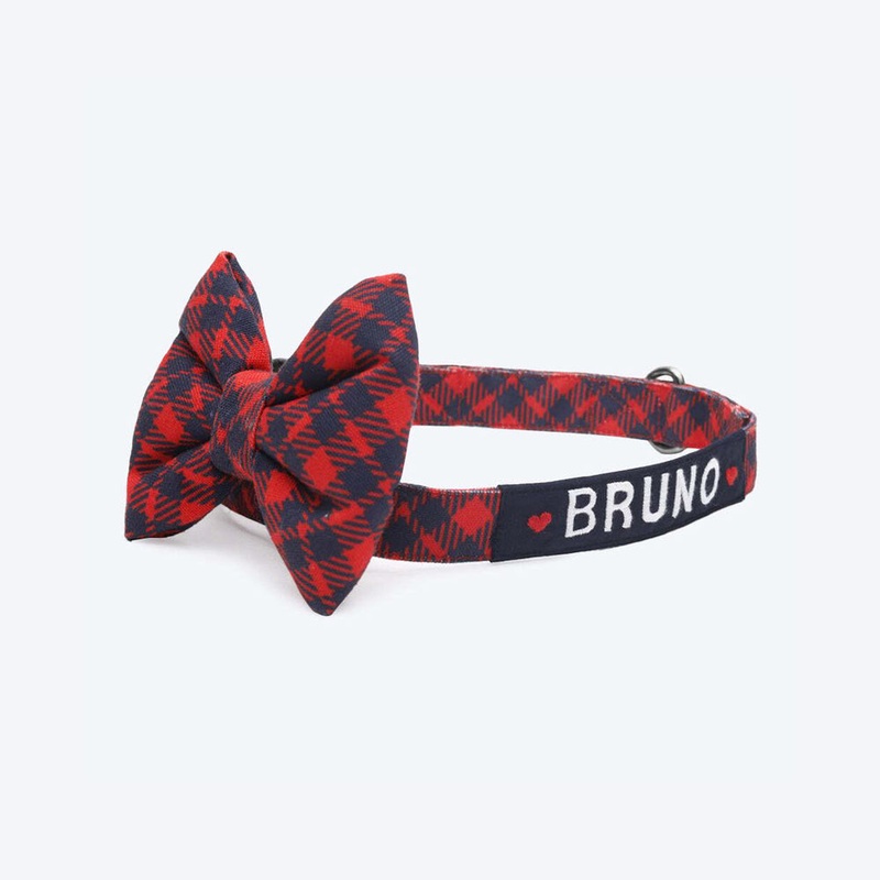 HUFT Personalised Tartan Fabric Collar With With Bow Tie For Dog