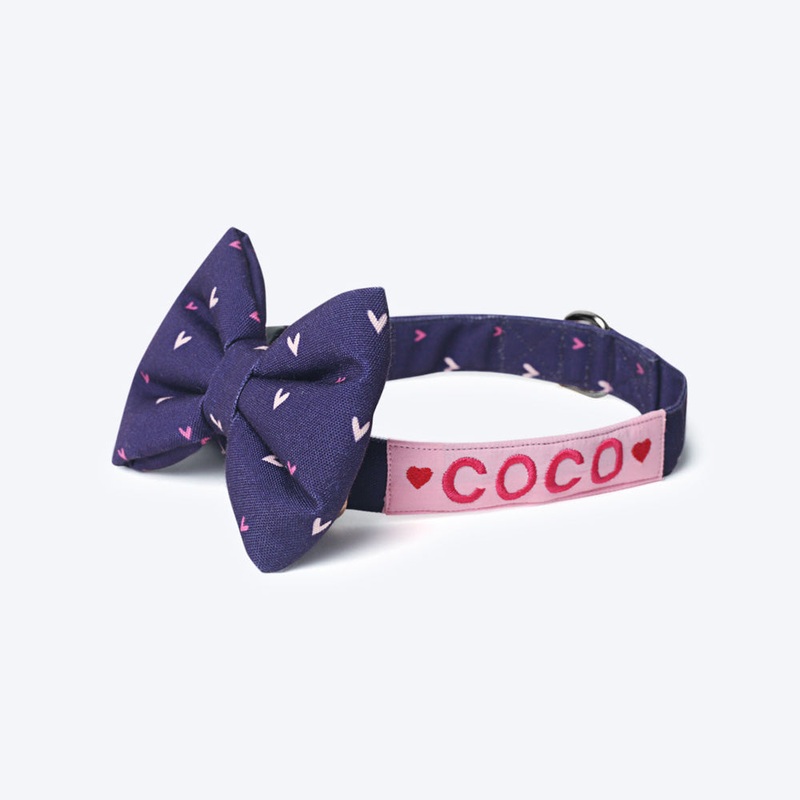 HUFT Personalised Twinkling Heart Fabric Collar With Bow Tie For Dog