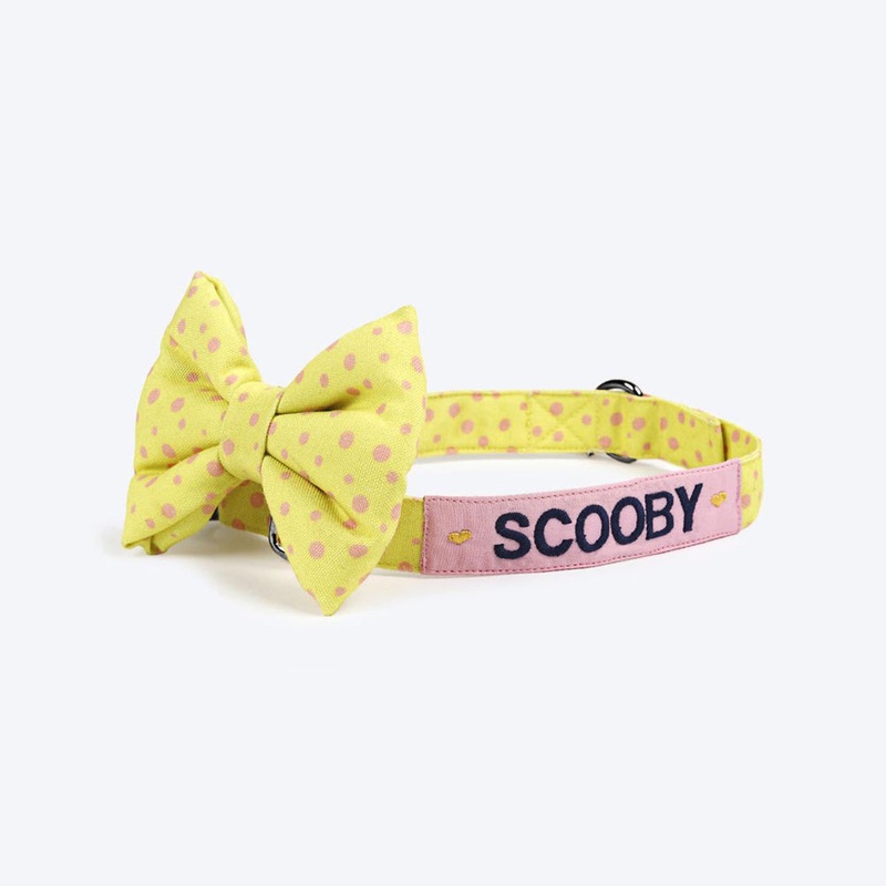 HUFT Personalised Yellow Polka Splash Fabric Collar With Bow Tie For Dog