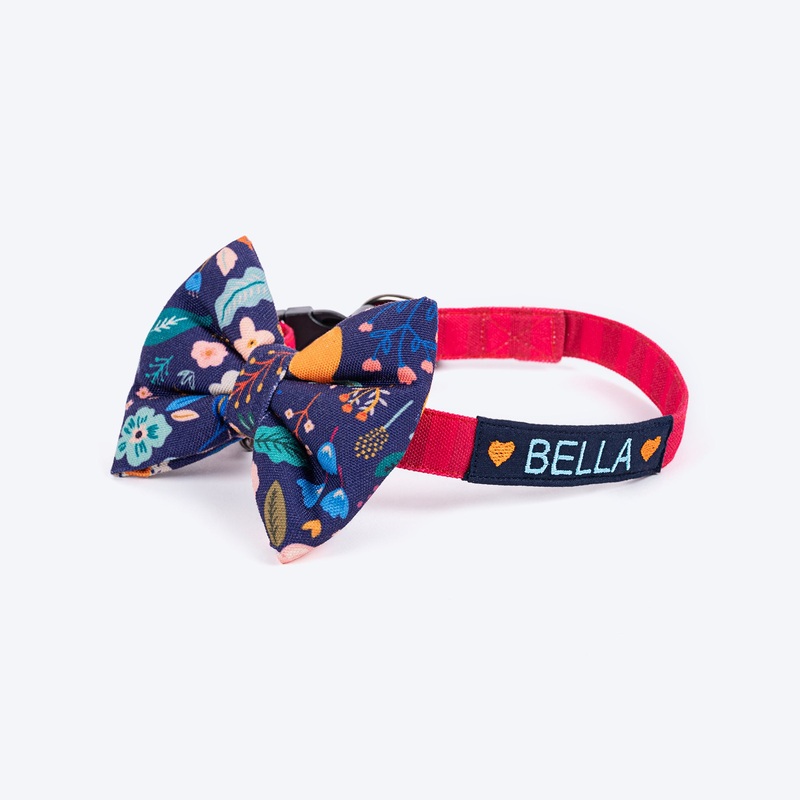HUFT Personalised Blooming Days Fabric Collar With Bow Tie For Dog – Navy Blue