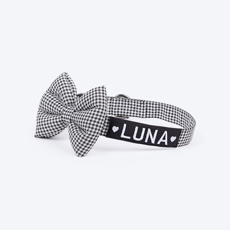 HUFT Personalised Gingham Fabric Collar With Bow Tie For Dog – Black